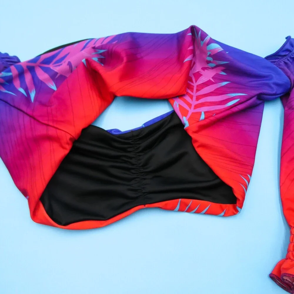 B Fyne XL Blue Red Floral Off The Shoulder‎ Ruffle Cropped Bikini Top Swimwear